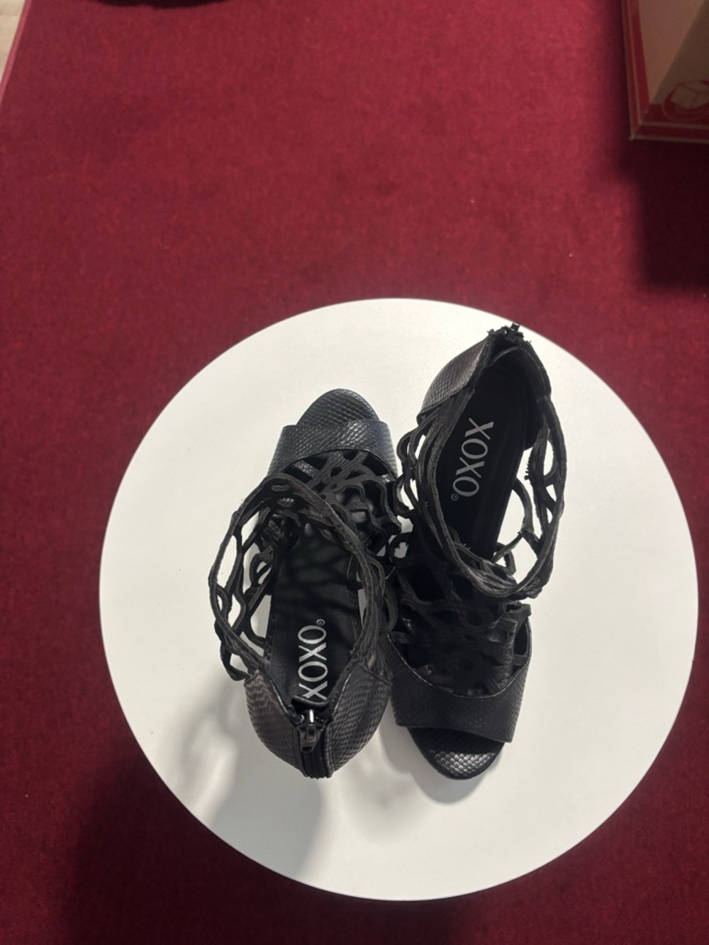 XOXO Black Lace Cage Open-Toe Heels